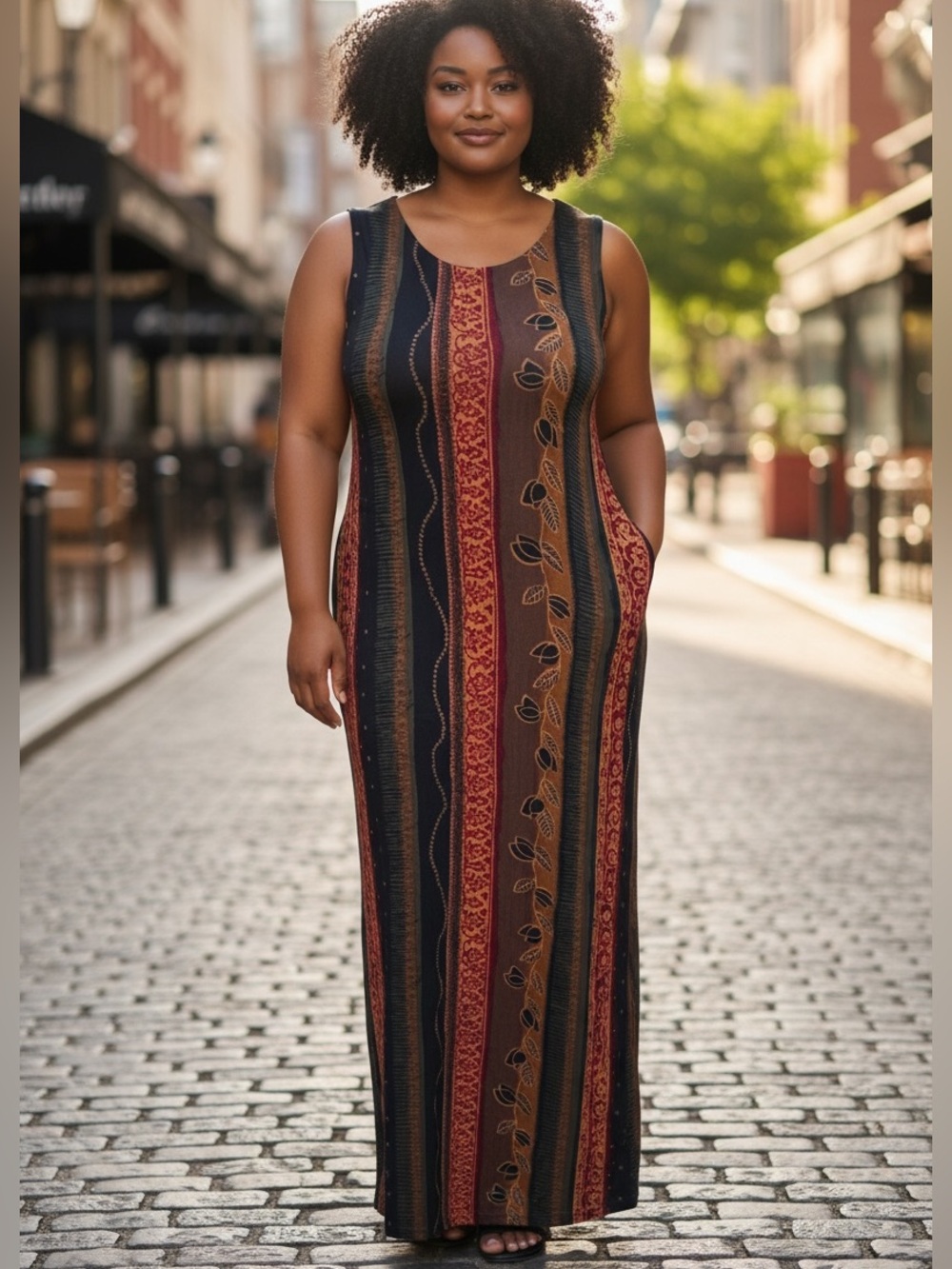 90s SAG HARBOR BLACK & BROWN FLORAL & LEAF STRIPE SLEEVELESS MAXI DRESS SZ XL